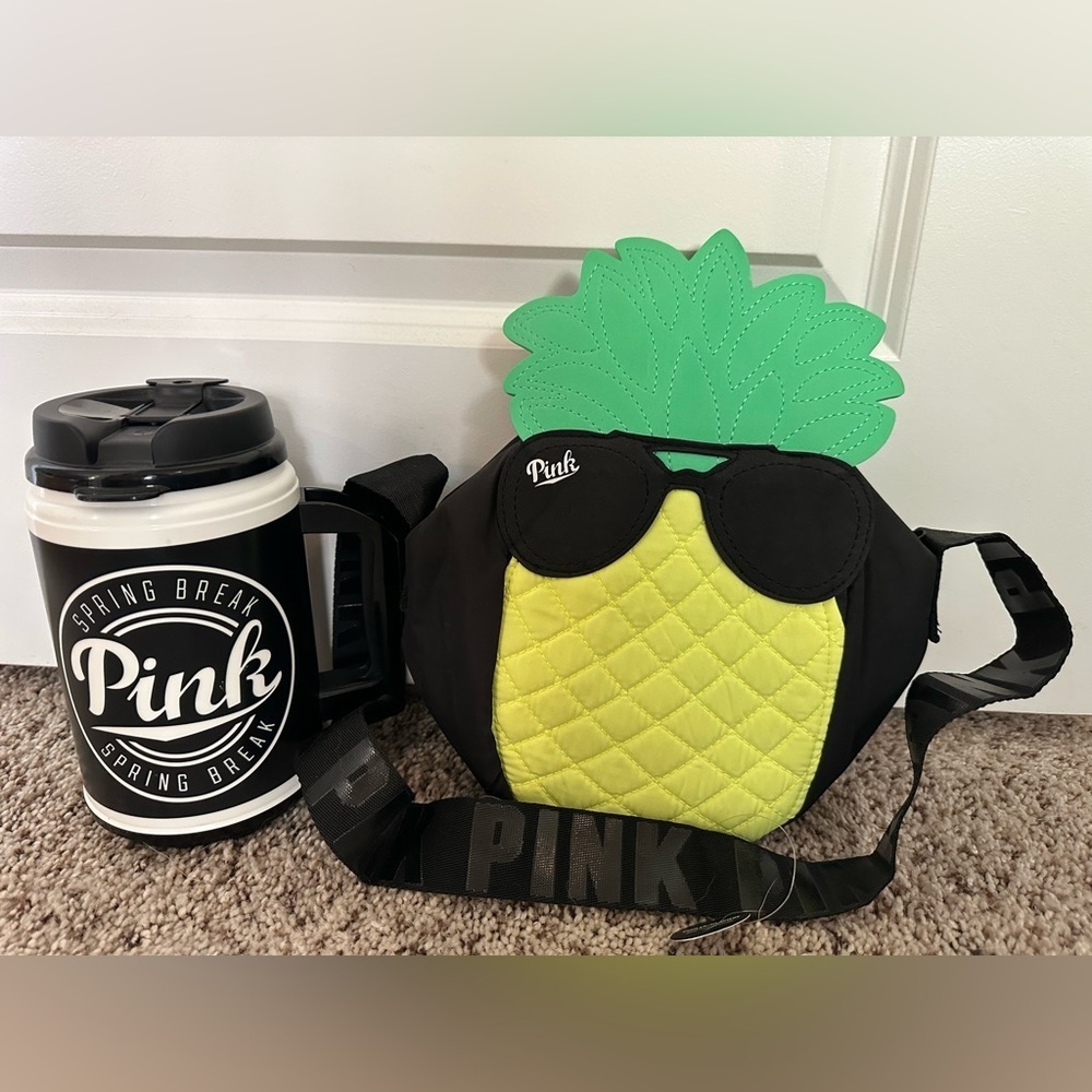 Lot of 2 Items: PINK Nation Black Travel Tumbler & PINK Pineapple Cooler Bag